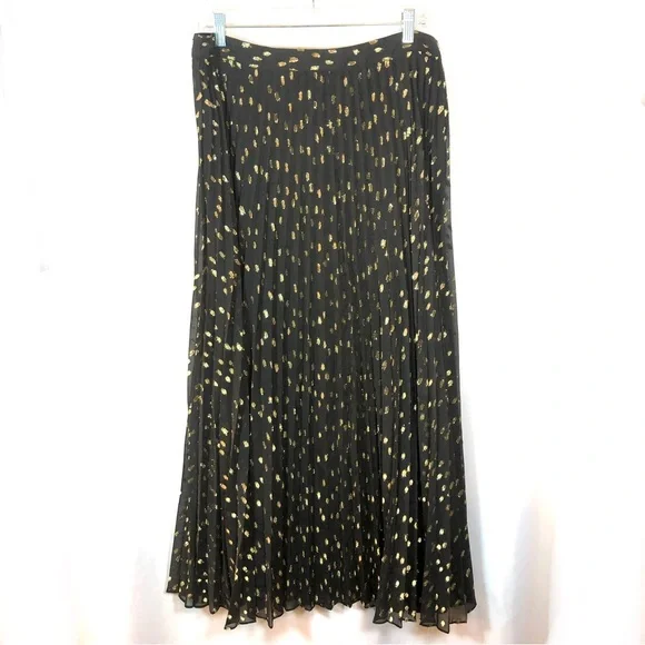 CHICOs Black & Metallic Gold A-Line Knife Pleat Midi Skirt - Picture 2 of 7